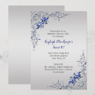 Invitación Ornate Blue Silver Swirls en Silver Sweet 16