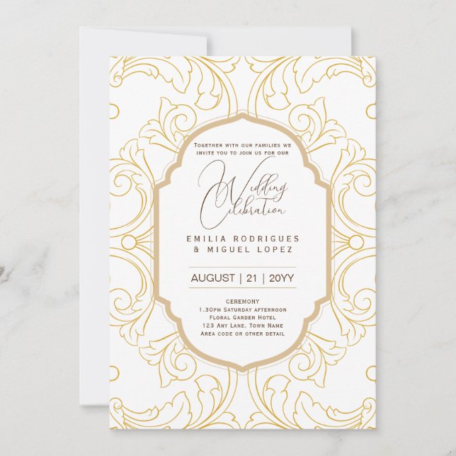 Invitación Ornate Boda de Oro Blanco Elegante (Anverso)