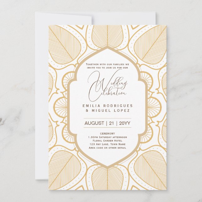 Invitación Ornate Boda de Oro Blanco Elegante (Anverso)