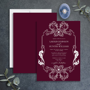 Invitación Ornate Burgundy Floral Line Art Monograma Boda