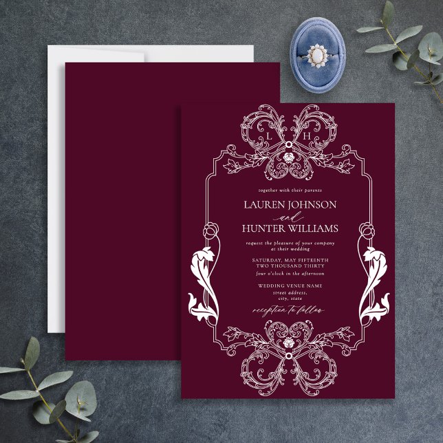 Invitación Ornate Burgundy Floral Line Art Monograma Boda (Subido por el creador)