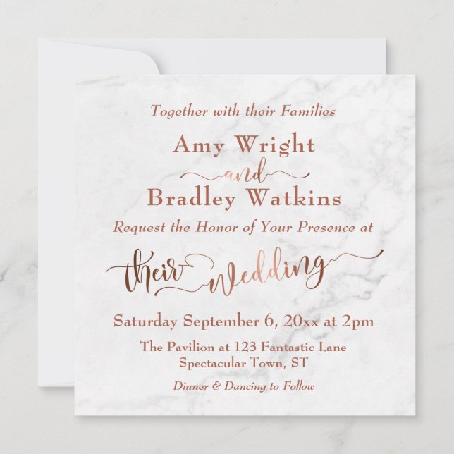 Invitación Ornate Copper Script con mármol blanco | Boda (Anverso)
