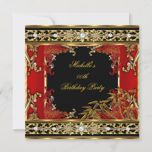 Invitación Ornate de la fiesta de cumpleaños Red Asian Gold B (Anverso)