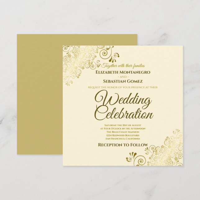 Invitación Ornate de Oro Filigree Elegante Cream Square Boda (Anverso / Reverso)