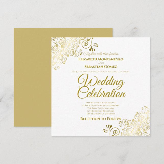 Invitación Ornate de oro Filigree simple elegante Boda cuadra (Anverso / Reverso)
