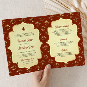 Invitación Ornate de Oro naranja Anand Karaj Sikh Boda