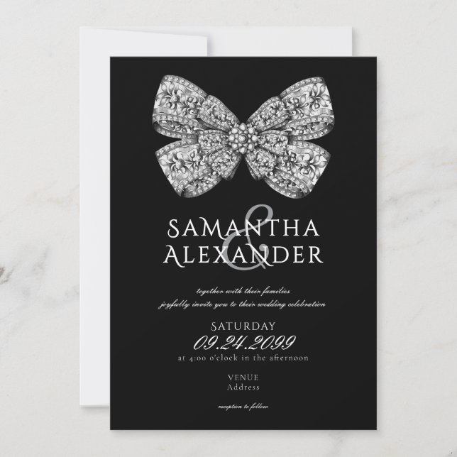 Invitación Ornate de Regencia Renacentista Bow Black AIO Boda (Anverso)
