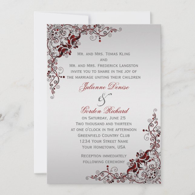 Invitación Ornate Deep Red and Silver Floral Swirls Bodas (Anverso)