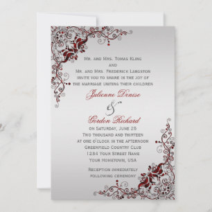 Invitación Ornate Deep Red and Silver Floral Swirls Bodas