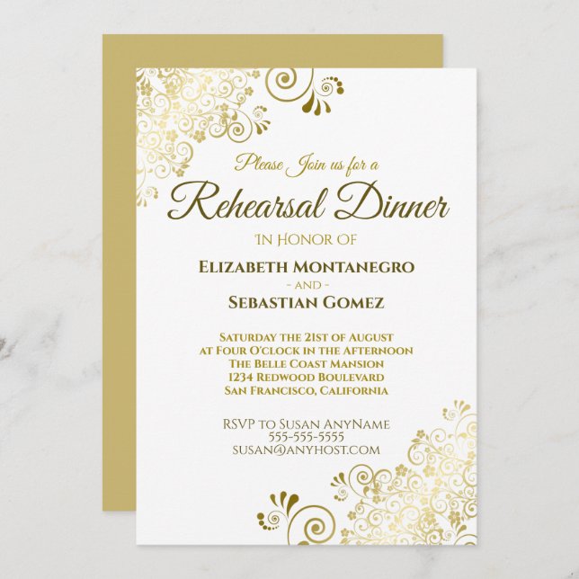 Invitación Ornate dorado Filigree Moda Boda ensayo Cena (Anverso / Reverso)