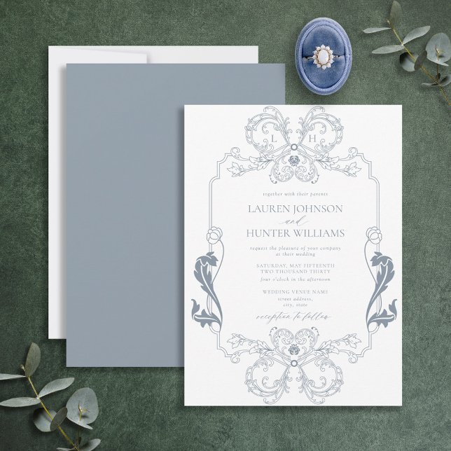 Invitación Ornate Dusty Blue Floral Line Art Monograma Invita (Subido por el creador)