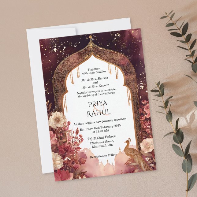 Invitación Ornate Elegant Gold Floral Indian Arch Wedding (maroon and gold floral indian arch wedding invitation)