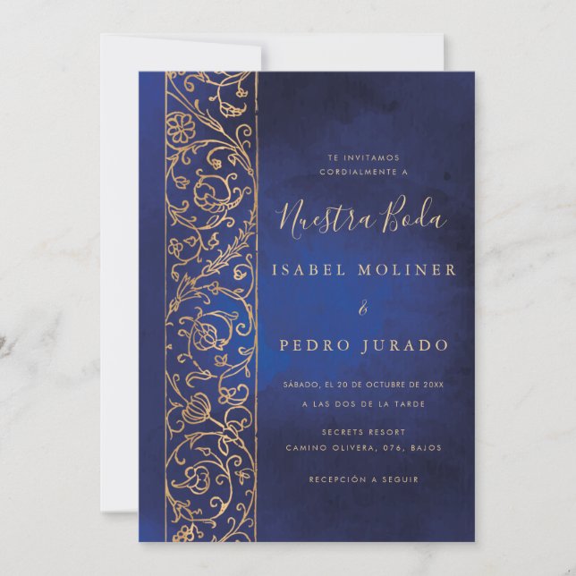 Invitación Ornate Floral Gold Blue Nuestra Boda Wedding (Anverso)