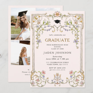 Invitación Ornate Floral Grace Boho 4 Photo Graduation Party