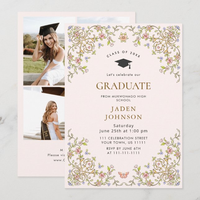 Invitación Ornate Floral Grace Boho 4 Photo Graduation Party (Anverso / Reverso)