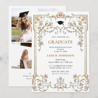 Invitación Ornate Floral Grace Boho 4 Photo Graduation Party