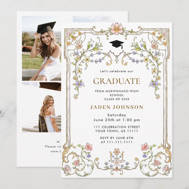 Invitación Ornate Floral Grace Boho 4 Photo Graduation Party (Anverso / Reverso)