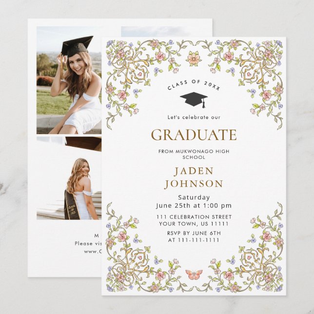 Invitación Ornate Floral Grace Boho 4 Photo Graduation Party (Anverso / Reverso)