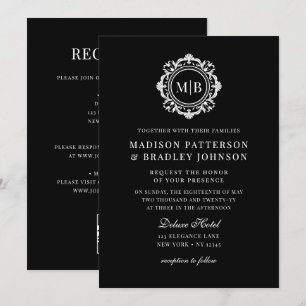 Invitación Ornate Floral Monograma Boda Elegante Blanco Negro
