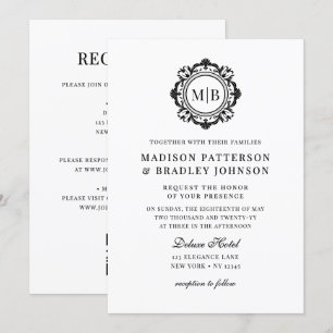 Invitación Ornate Floral Monograma Boda Elegante Blanco Negro