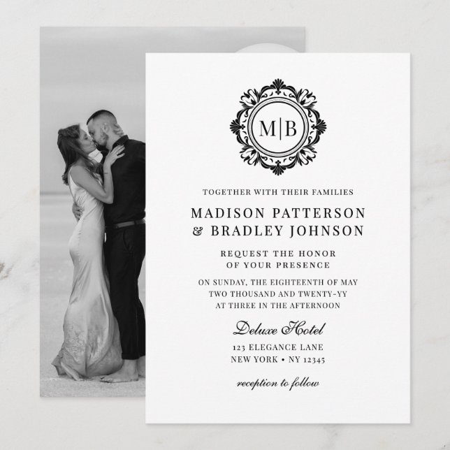 Invitación Ornate Floral Monograma Boda Elegante Blanco Negro (Anverso / Reverso)