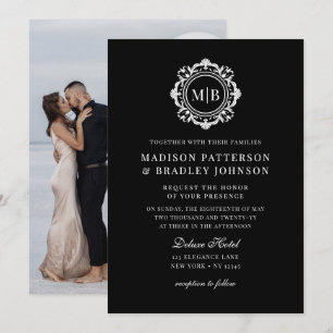 Invitación Ornate Floral Monograma Boda Elegante Blanco Negro