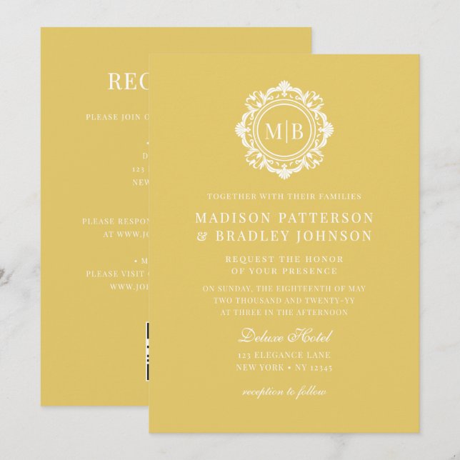 Invitación Ornate Floral Monograma Boda Elegante Oro (Anverso / Reverso)