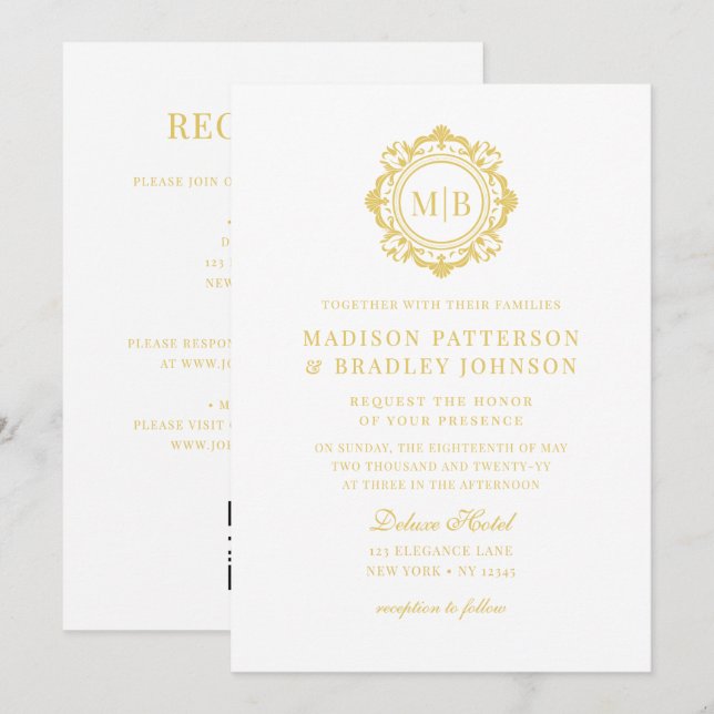 Invitación Ornate Floral Monograma Boda Elegante Oro (Anverso / Reverso)