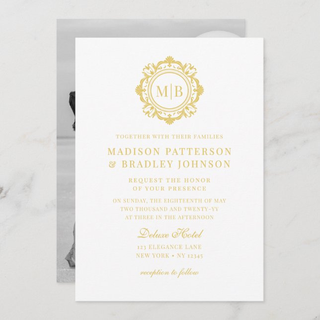 Invitación Ornate Floral Monograma Boda Elegante Oro Blanco (Anverso / Reverso)