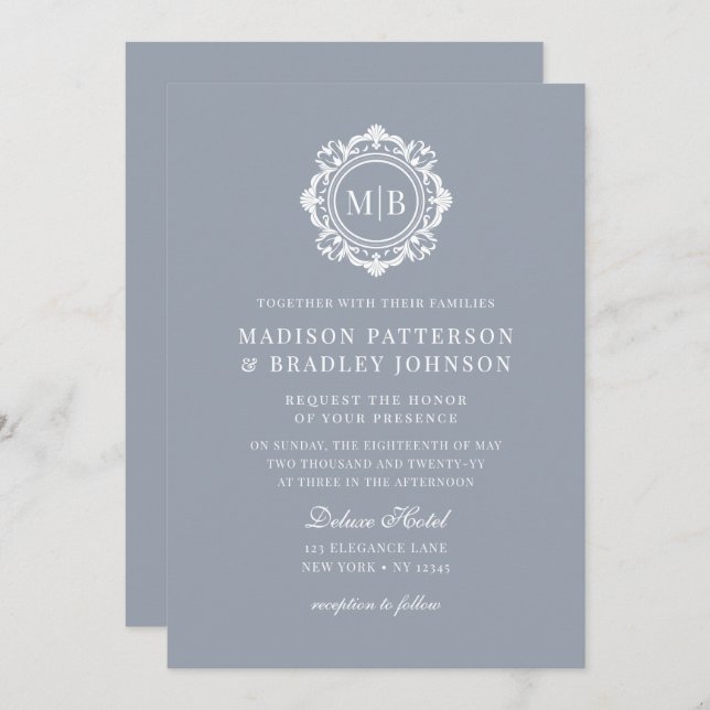 Invitación Ornate Floral Monograma Boda Elegante Plata (Anverso / Reverso)