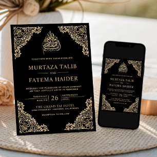 Invitación Ornate floral Oro negro Boda musulmán islámico