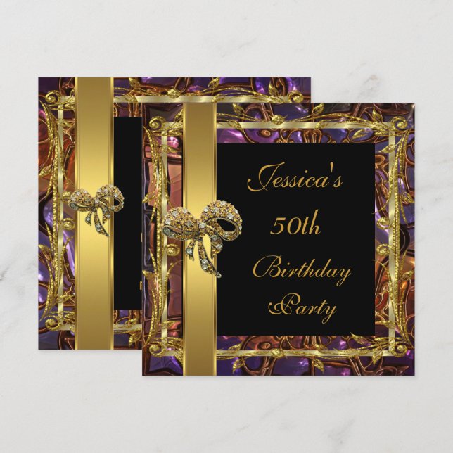 Invitación Ornate Gold Black 50th Birthday Elegant 3 (Anverso / Reverso)