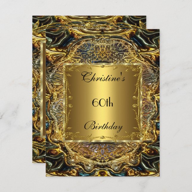 Invitación Ornate Gold Black 60th Birthday Elegant Invite 3 (Anverso / Reverso)