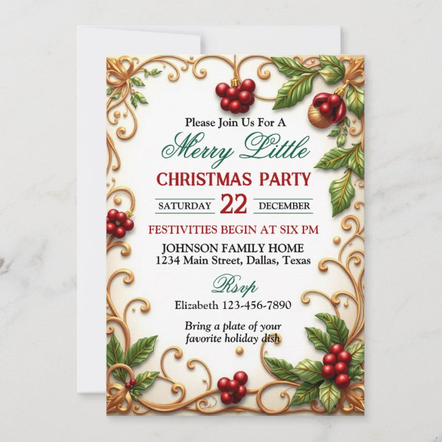Invitación Ornate Gold Border with Holly Christmas Party (Anverso)