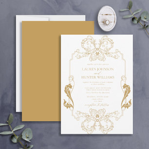 Invitación Ornate Gold Floral Line Art Monograma Boda