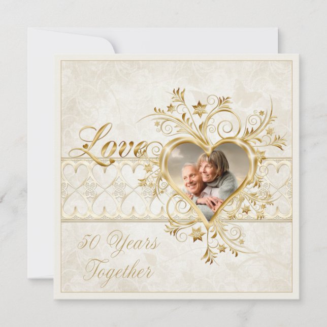 Invitación Ornate Gold Hearts Swirls Photo 50th Boda (Anverso)