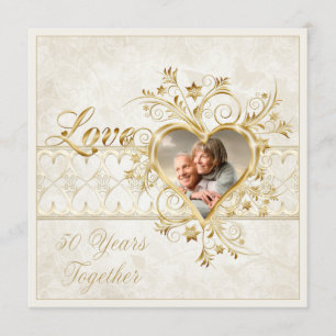 Invitación Ornate Gold Hearts Swirls Photo 50th Boda