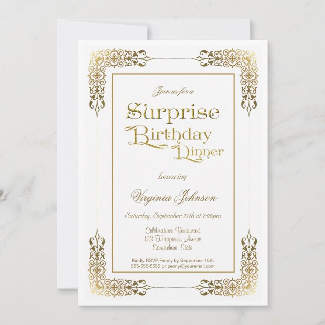 Invitación Ornate Gold Lace Surprise Fiesta de la cena de cum (Anverso)
