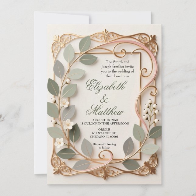 Invitación Ornate Gold Scrollwork Pink Botanical Wedding  (Anverso)