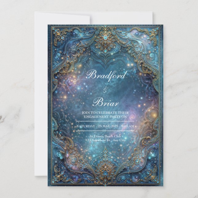 Invitación Ornate Gold Teal Celestial Galaxy Frame Wedding (Anverso)