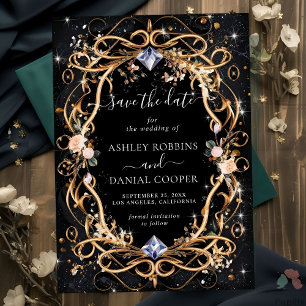 Invitación Ornate Gold y Diamonds Black Save the Date