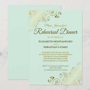 Invitación Ornate Gold y Mint Green Boda Ensayo Cena