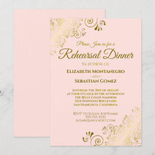 Invitación Ornate Gold y Rubor Boda Rosado Ensayo Cena