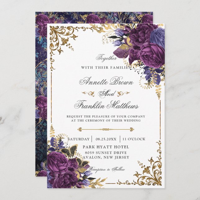 Invitación Ornate gótico Boda de oro morado oscuro (Anverso / Reverso)