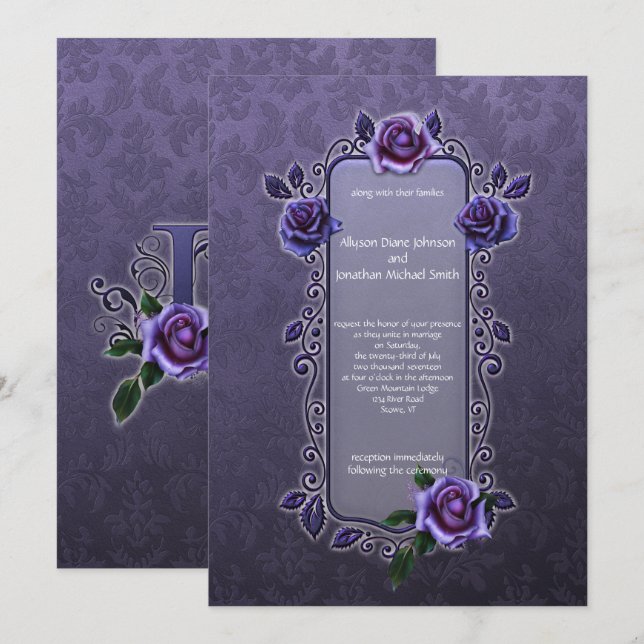 Invitación Ornate Gótico Boda Rosas Púrpura Oscuro | (Anverso / Reverso)