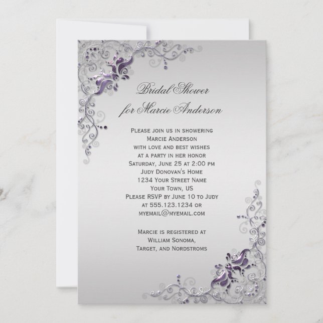 Invitación Ornate Morple Silver Floral Swirls Bridal Shower (Anverso)