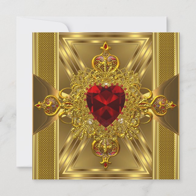 Invitación Ornate Ornate Red Jewled Heart Gold Book (Anverso)