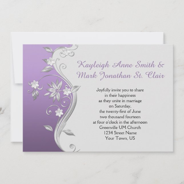 Invitación Ornate Purple and Silver Flowers Swirls Boda (Anverso)
