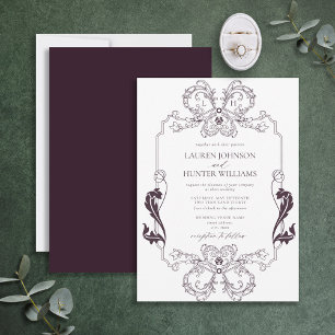 Invitación Ornate Purple Floral Line Art Monograma Boda