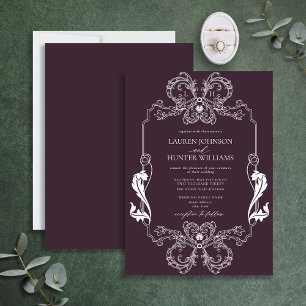 Invitación Ornate Purple Floral Line Art Monograma Boda